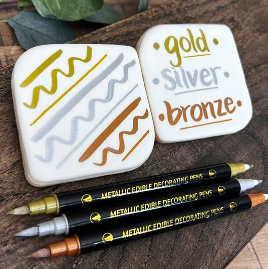 Corianne's Metall Food Markers Pens - Gold, Silver, Bronze, fda approved  edible food marker pen for royal icing cookies, fondant, and more, two dual  sided, thick thin